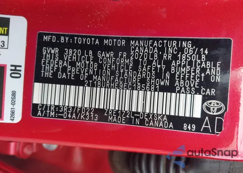 2014 Toyota Corolla S Plus from USA, damaged, VIN 2T1BURHE9EC185681